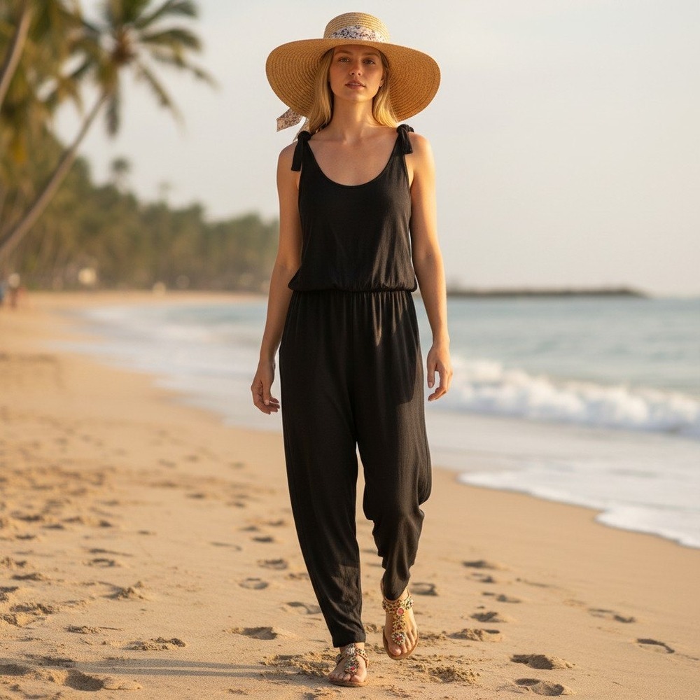 Petal + Pup Black Wide Leg BOHO Jumpsuit Tie Shoulder Elastic Waist Women Sz. S‎